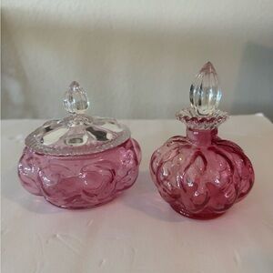 FENTON VINTAGE "CRANBERRY" MELON VANITY SET Perfume and Powder Dish